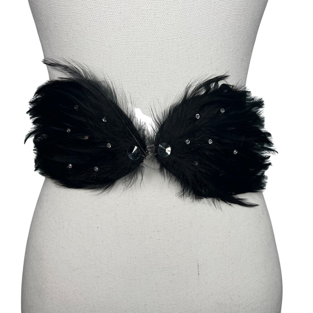 Vintage 90s Size Medium Large Black Feather Rhinestone Belt Wide Stretch Cinch
